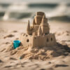 sandcastle made by child next to a bucket