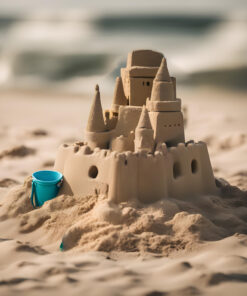 sandcastle made by child next to a bucket