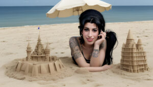 Amy Winehouse building a sandcastle on a dreamy, vintage-looking beach