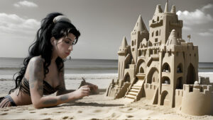 Amy Winehouse building a sandcastle on a dreamy, vintage-looking beach