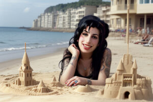 Amy Winehouse building a sandcastle on a dreamy, vintage-looking beach