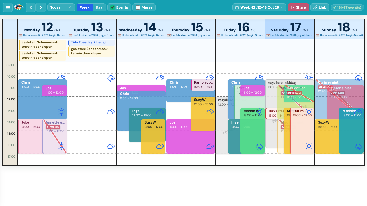Overlap — week view with weather integration and absence detection